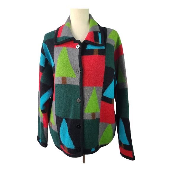 Marisa Christina Red Blue Green Tree Motif Wool Vintage Jacket Sweater Coat M - Picture 1 of 4